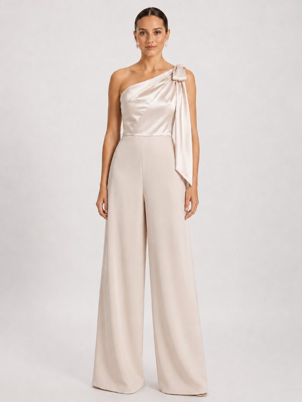 NWT Amsale Champagne Satin Fluid One Shoulder Bow Tie Wide Leg Jumpsuit
